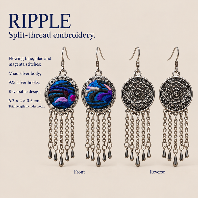 Violet Undertow front and reverse detail card: split-thread embroidery, Miao silver body, 925 silver hooks and 6.3 by 2 by 0.5 cm dimensions including hook.