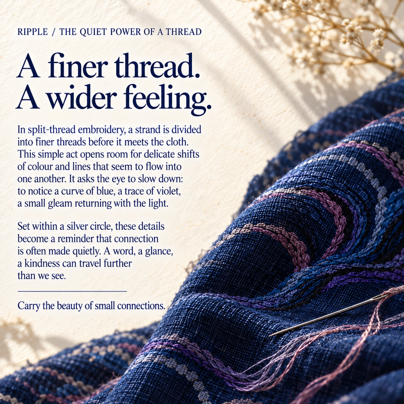 Split-thread embroidery culture card titled A finer thread. A wider feeling., beside dark blue cloth with blue and violet curved stitching, a needle and loose threads.