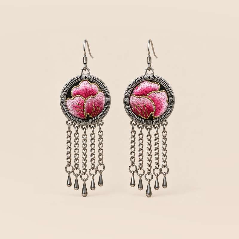 Blush Rhapsody earrings with pink embroidered petals and gold-colored stitched edges on dark round fronts, each with five chain tassels and teardrop ends.