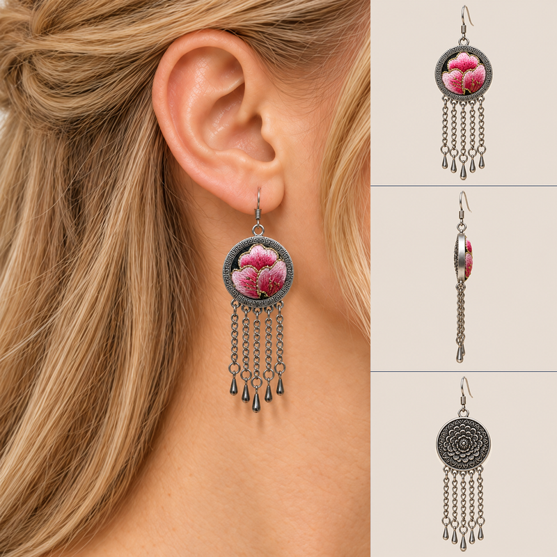 Model in a pale blue V-neck top wearing Blush Rhapsody earrings, beside front, side and floral reverse views of the five-tassel design.