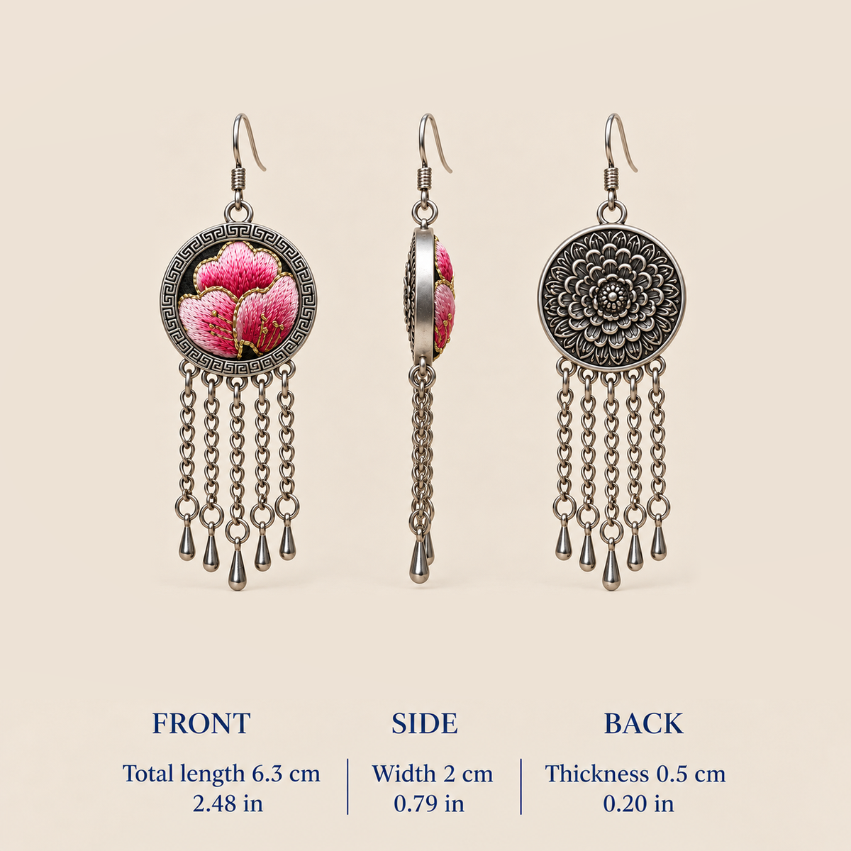 Blush Rhapsody front, side and floral reverse views with dimensions: 6.3 cm total length including hook, 2 cm width and 0.5 cm thickness.