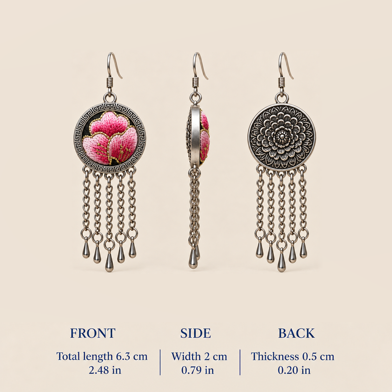 Blush Rhapsody front, side and floral reverse views with dimensions: 6.3 cm total length including hook, 2 cm width and 0.5 cm thickness.