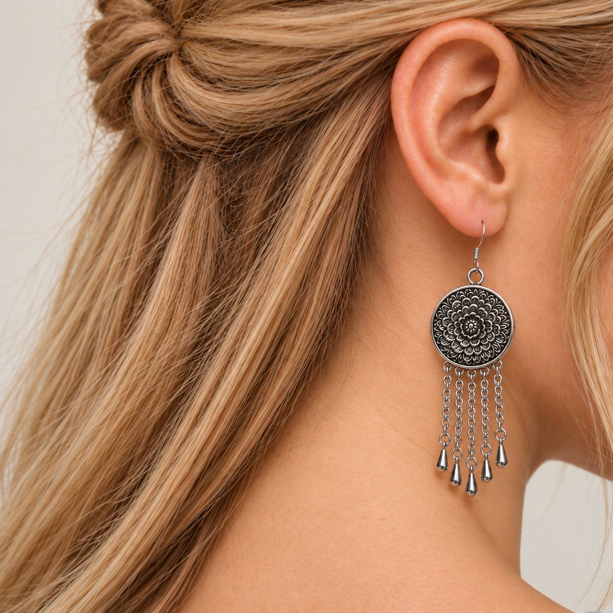 Model with half-up hair wearing Blush Rhapsody with the round floral metal reverse facing outward above five chain tassels with teardrop ends.