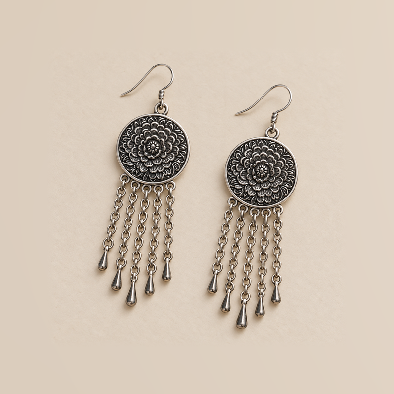 Blush Rhapsody pair laid flat with round floral metal reverses facing up, each with five linked tassels ending in teardrop pendants.