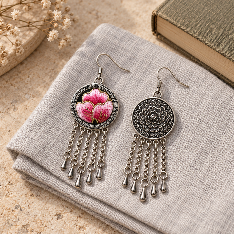 Blush Rhapsody earrings on folded pale woven fabric beside a book and dried flowers, showing one pink embroidered front and one floral metal reverse.