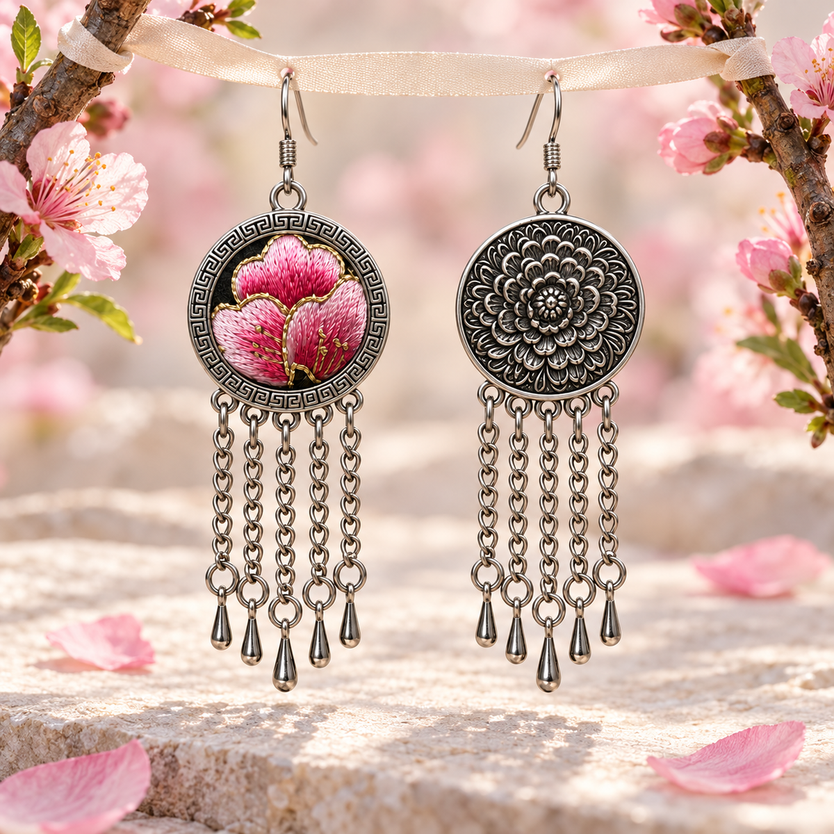 Blush Rhapsody earrings suspended from a pale ribbon between pink flowering branches, showing the embroidered front and floral reverse above five chain tassels.