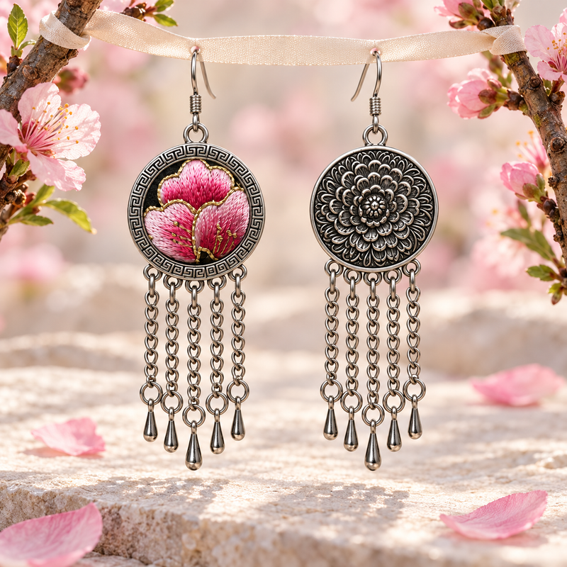 Blush Rhapsody earrings suspended from a pale ribbon between pink flowering branches, showing the embroidered front and floral reverse above five chain tassels.