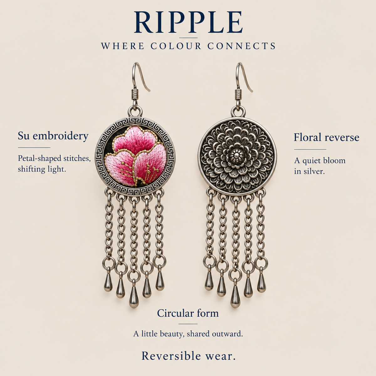 RIPPLE Where Colour Connects design card showing Blush Rhapsody's Suzhou embroidered front, floral reverse and circular reversible design.