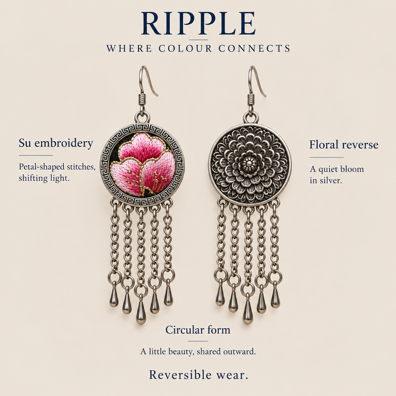 RIPPLE Where Colour Connects design card showing Blush Rhapsody's Suzhou embroidered front, floral reverse and circular reversible design.