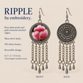 Blush Rhapsody detail card showing Suzhou embroidery, floral reverse, Miao silver body, 925 silver hooks and dimensions of 6.3 by 2 by 0.5 cm including hook.