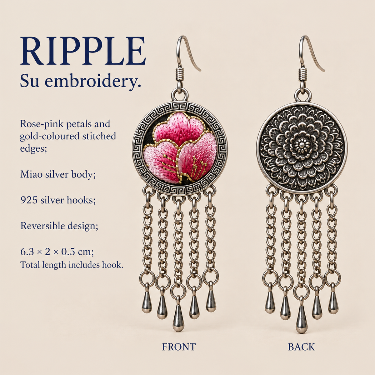 Blush Rhapsody detail card showing Suzhou embroidery, floral reverse, Miao silver body, 925 silver hooks and dimensions of 6.3 by 2 by 0.5 cm including hook.