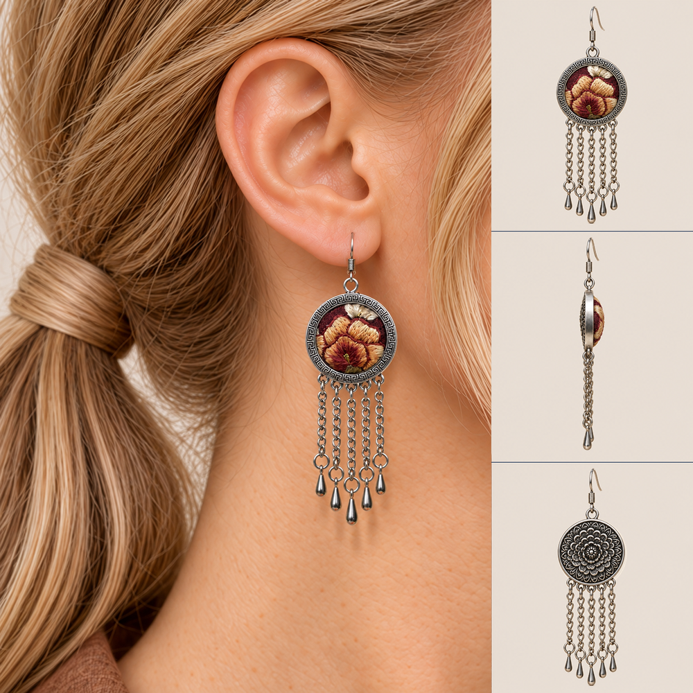 Model in a brown collared shirt wearing Garnet Serenade earrings, beside front, side and floral reverse views showing five linked tassels.