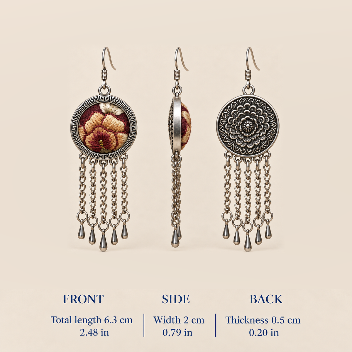Garnet Serenade front, side and floral reverse views with dimensions: 6.3 cm total length including hook, 2 cm width and 0.5 cm thickness.