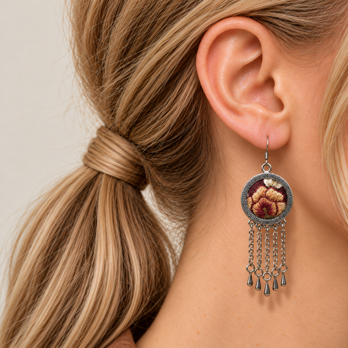 Close profile of a model wearing Garnet Serenade with warm ochre and cream embroidered petals on wine red facing outward above five chain tassels.