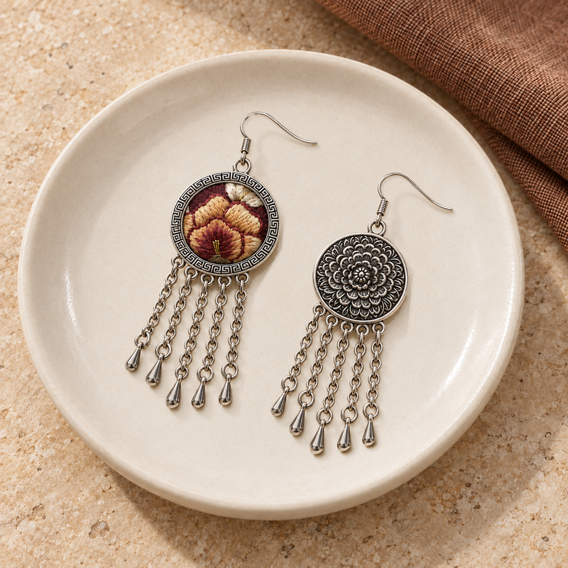 Garnet Serenade earrings on a cream ceramic plate beside brown woven fabric, showing one wine-red embroidered front and one floral metal reverse.