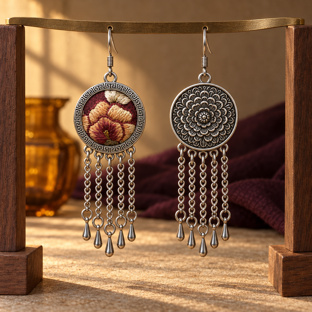 Garnet Serenade earrings suspended through holes in a gold-colored metal strip on wooden supports, showing the embroidered front and floral reverse.