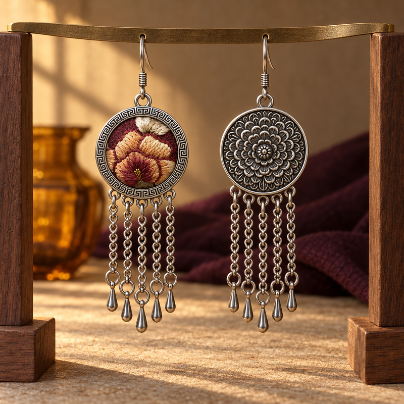 Garnet Serenade earrings suspended through holes in a gold-colored metal strip on wooden supports, showing the embroidered front and floral reverse.