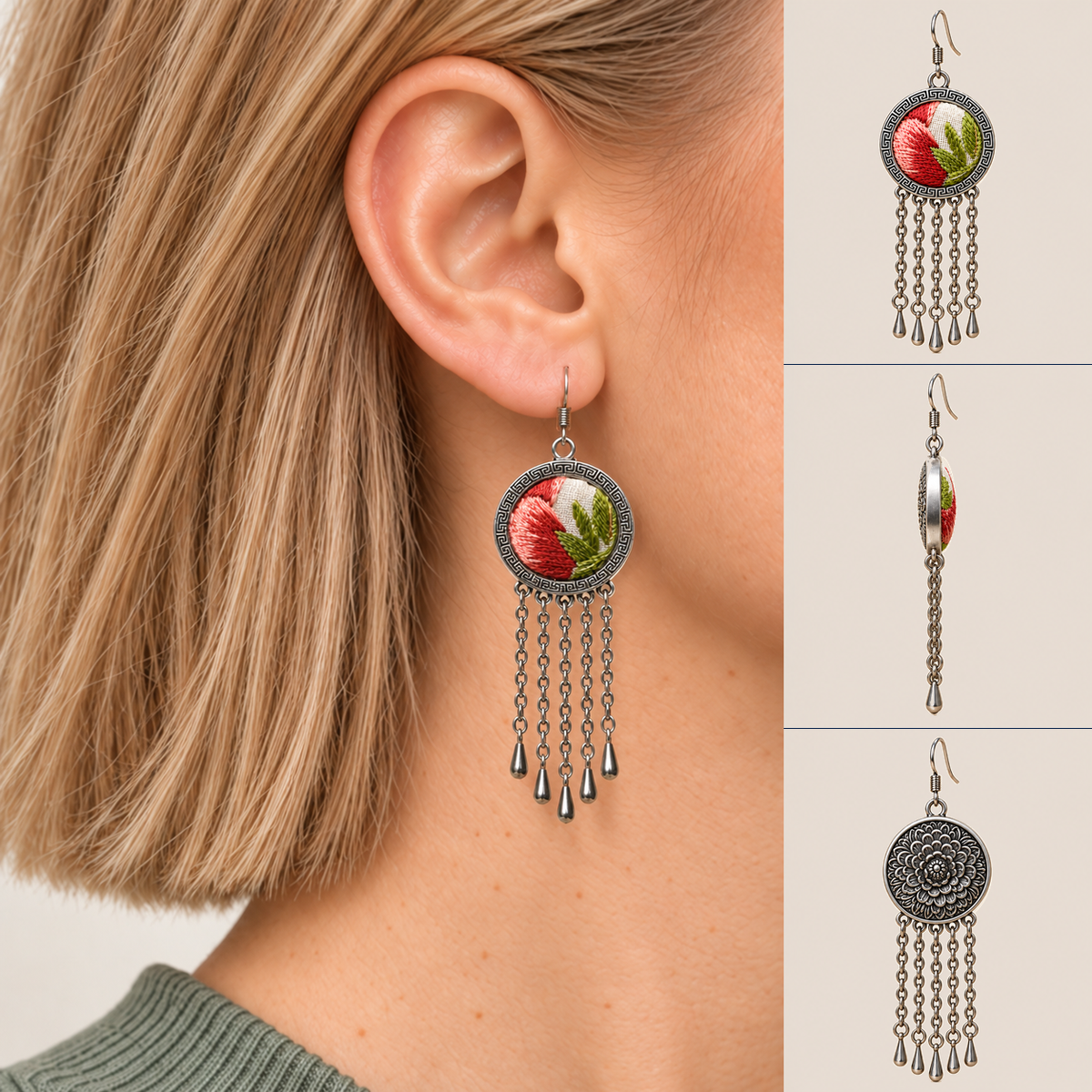 Model with a chin-length bob and sage-green top wearing Coral Reverie, beside front, side and floral reverse views of the five-chain earrings.