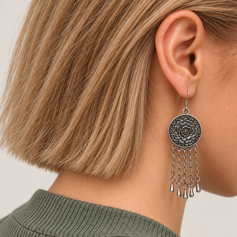 Model with a short bob wearing Coral Reverie with the round floral metal reverse facing outward above five oval-link chains with teardrop pendants.