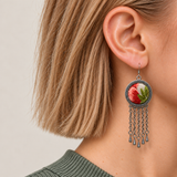 Close profile of a model wearing Coral Reverie with coral-red petals, green leaves and ivory-colored cloth facing outward above five oval-link chains.