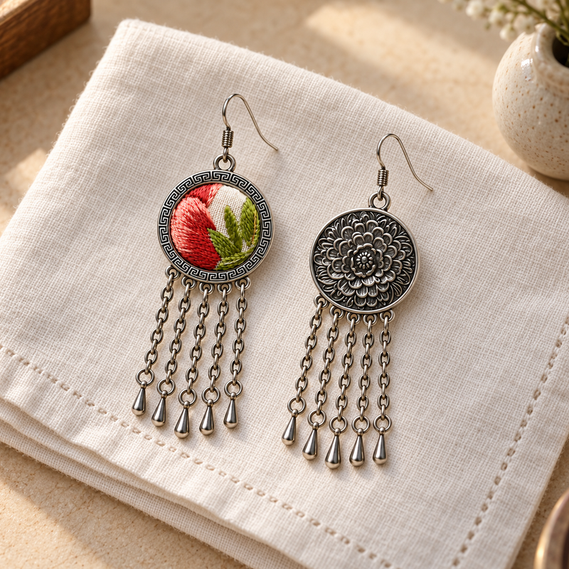 Coral Reverie earrings on folded cream woven cloth beside a pale vase, showing one coral-red and green embroidered front and one floral metal reverse.