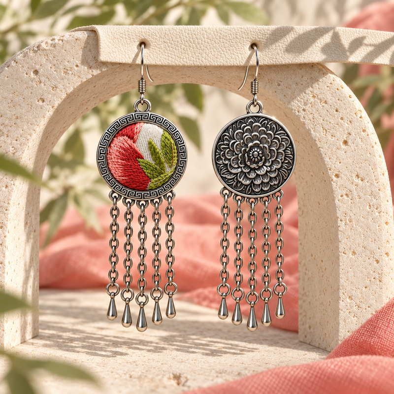 Coral Reverie earrings hanging through holes in a pale textured strap over a stone arch, showing the embroidered front and floral reverse against coral-colored fabric.