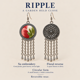 RIPPLE A Garden Held Close design card showing Coral Reverie's Suzhou embroidered front, floral reverse and circular reversible design.