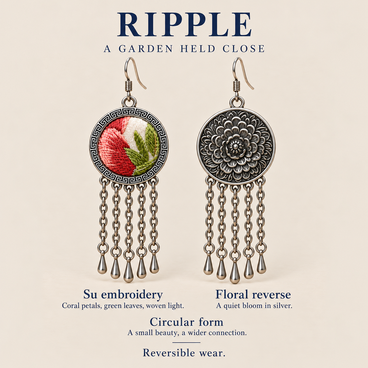 RIPPLE A Garden Held Close design card showing Coral Reverie's Suzhou embroidered front, floral reverse and circular reversible design.