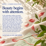 Suzhou embroidery culture card titled Beauty begins with attention., beside ivory-colored cloth with coral-red petals and green leaves, a needle, coral thread and a leaf sketch.