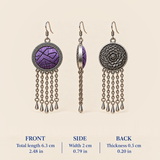 Violet Cadence front, side and floral reverse views with dimensions: 6.3 cm total length including hook, 2 cm width and 0.5 cm thickness.
