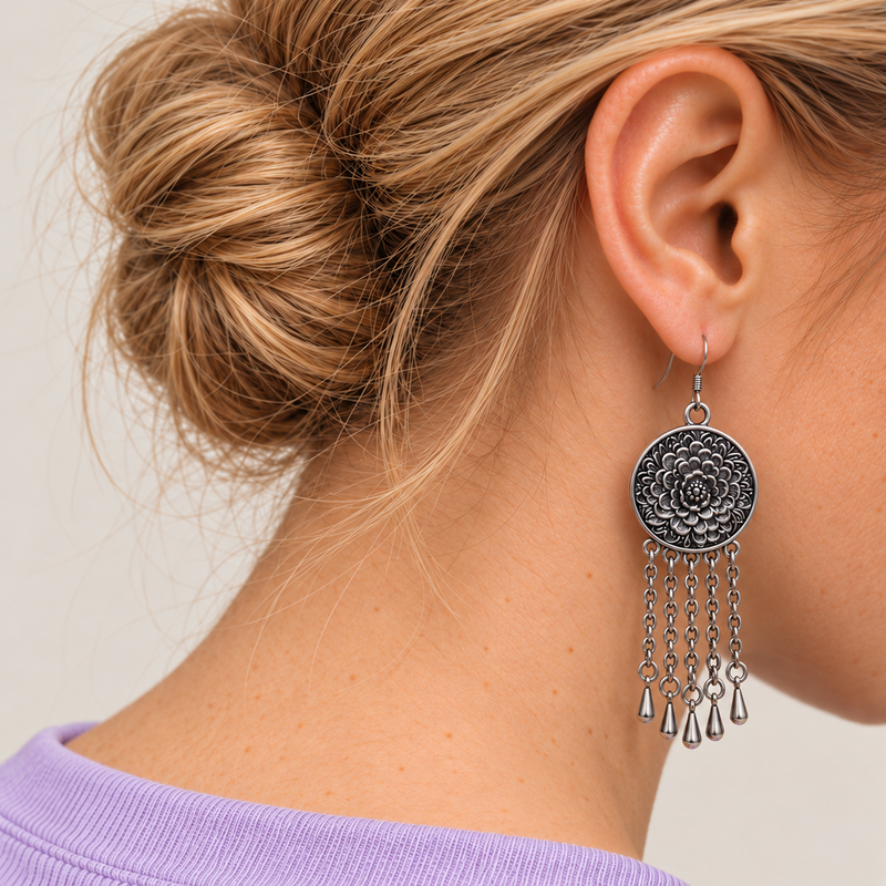 Model in a pale purple top wearing Violet Cadence with the round floral metal reverse facing outward above five chains with teardrop pendants.