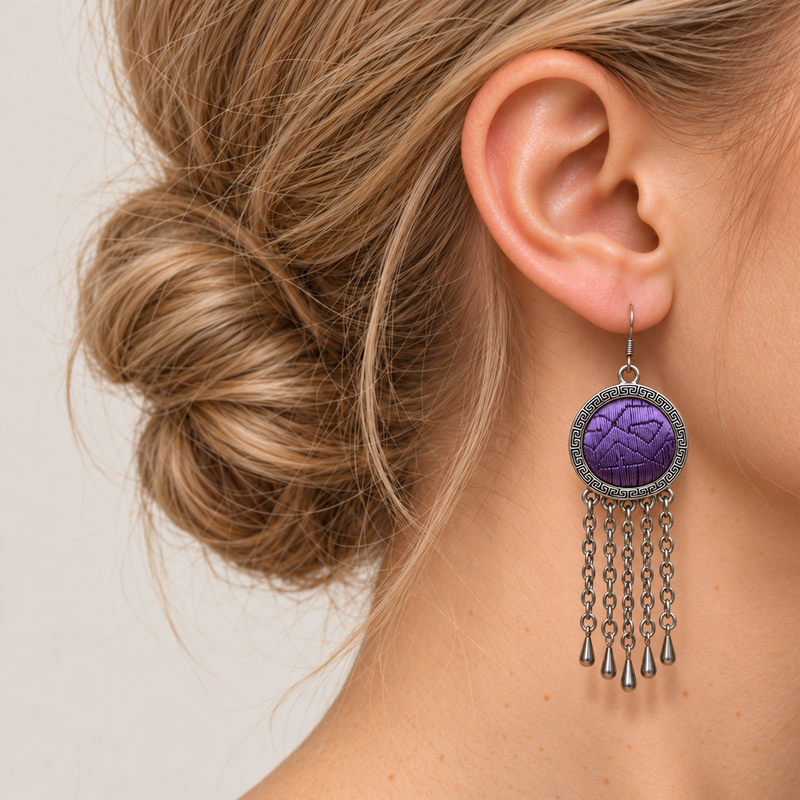 Close profile of a model wearing Violet Cadence with purple geometric counted-thread embroidery facing outward above five chain tassels.