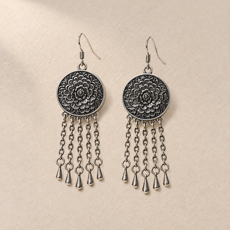 Violet Cadence pair laid flat with round floral metal reverses facing up, each with five oval-link chains ending in teardrop pendants.