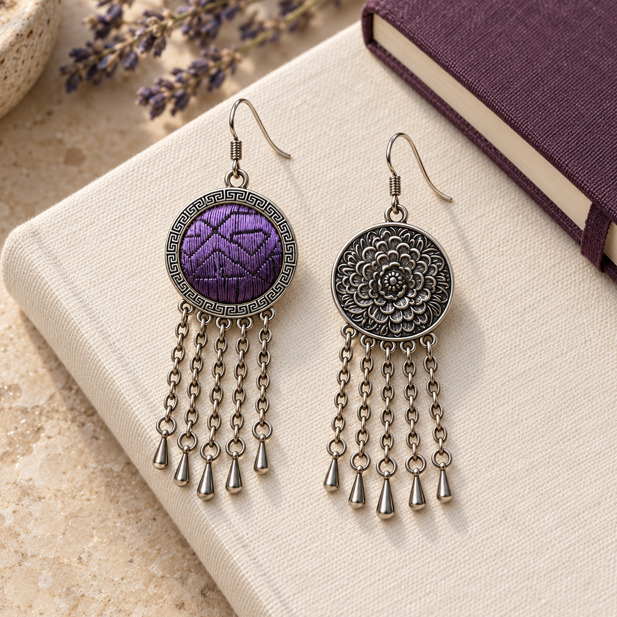 Violet Cadence earrings on cream woven cloth beside a purple book and dried flowers, showing one purple embroidered front and one floral metal reverse.
