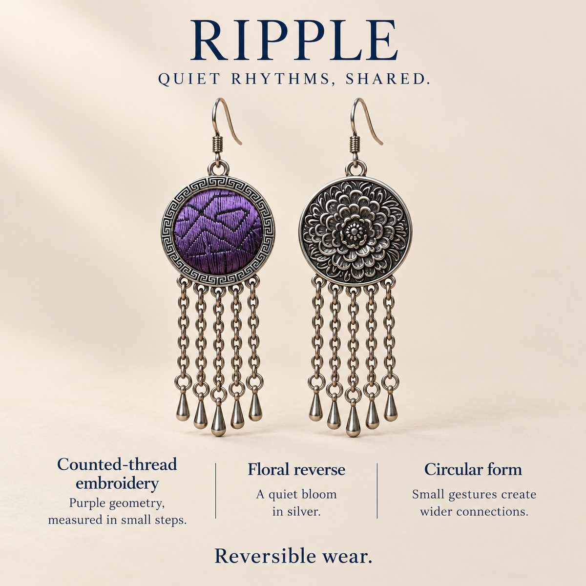 RIPPLE Quiet Rhythms, Shared design card showing Violet Cadence's counted-thread embroidered front, floral reverse and circular reversible design.