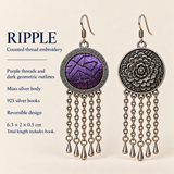 Violet Cadence detail card showing counted-thread embroidery, a floral reverse with a smooth rim, Miao silver body, 925 silver hooks and 6.3 by 2 by 0.5 cm including hook.