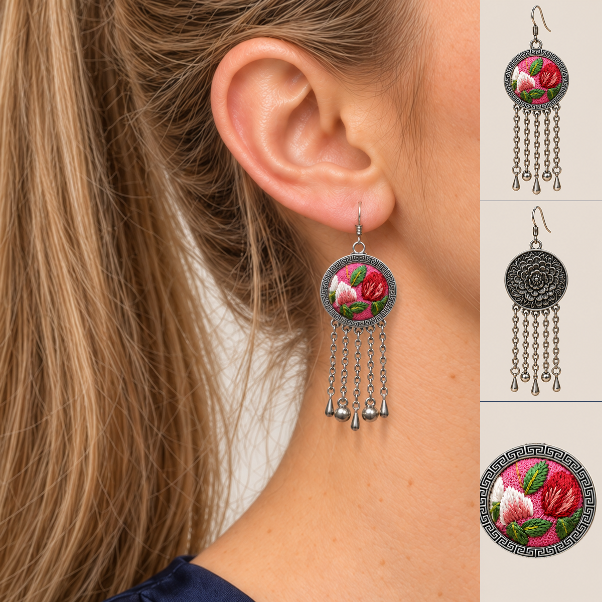 Model in a navy V-neck top wearing Petal Dialogue, beside front and floral reverse views plus a close-up of the red, white and green embroidered medallion.