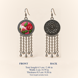 Petal Dialogue front and floral reverse views with dimensions: 6.3 cm total length including hook, 2 cm width and 0.5 cm thickness.