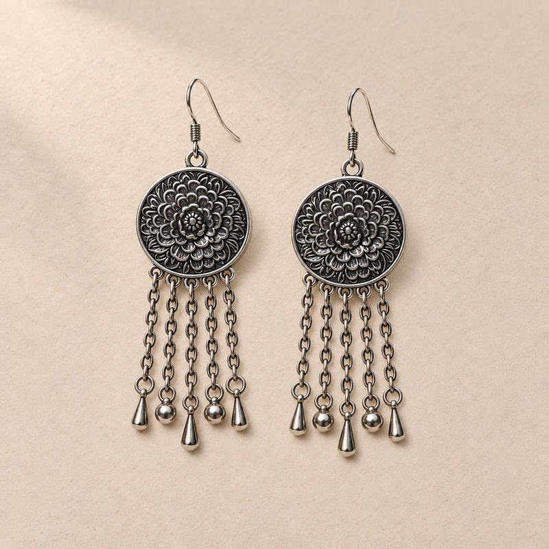 Petal Dialogue pair laid flat with floral metal reverses facing up; each has five oval-link chains ending in teardrop, sphere, teardrop, sphere and teardrop shapes.