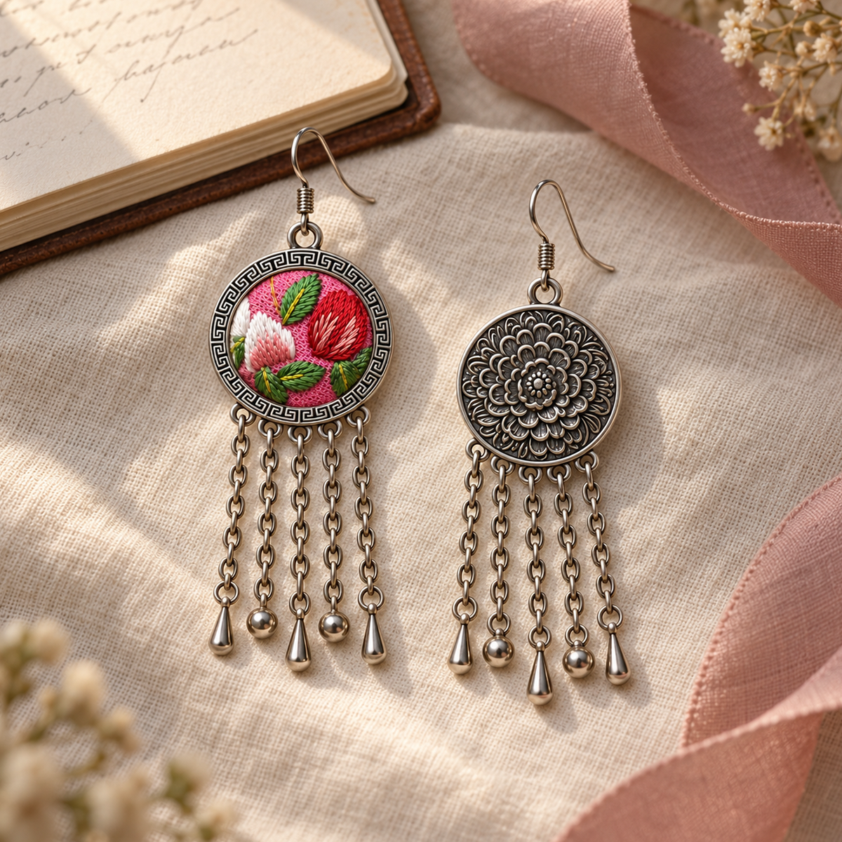 Petal Dialogue earrings on cream woven cloth beside an open notebook and pink ribbon, showing one embroidered front and one floral reverse with three drops and two spheres each.