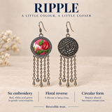RIPPLE A Little Colour, A Little Closer design card showing Petal Dialogue's Suzhou embroidered front, floral reverse and circular reversible design.