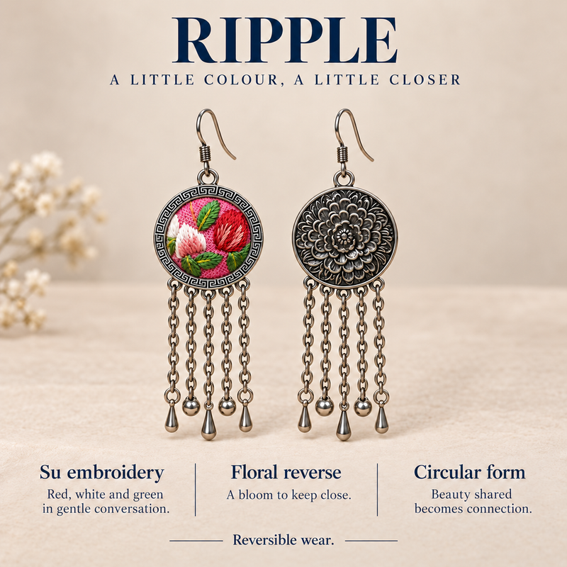 RIPPLE A Little Colour, A Little Closer design card showing Petal Dialogue's Suzhou embroidered front, floral reverse and circular reversible design.