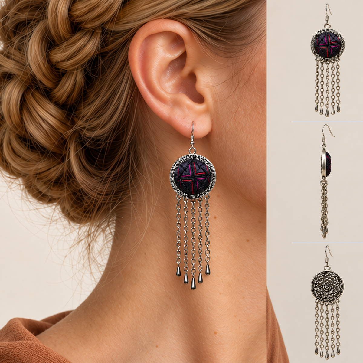 Model with a braided crown and copper-colored draped top wearing Crimson Confluence, beside front, side and floral reverse views of the long-chain earrings.