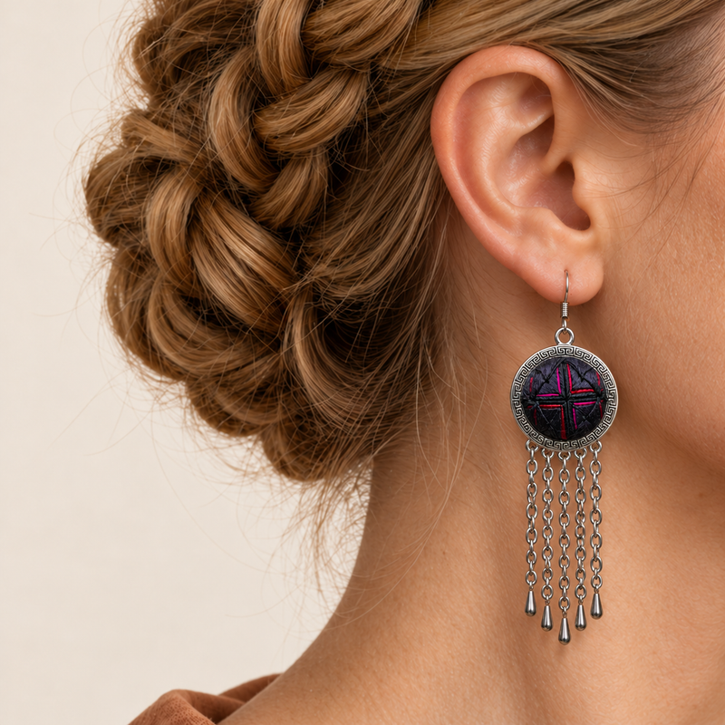Close profile of a model wearing Crimson Confluence with dark layered fabric and red-magenta folded edges facing outward above five long chain tassels.