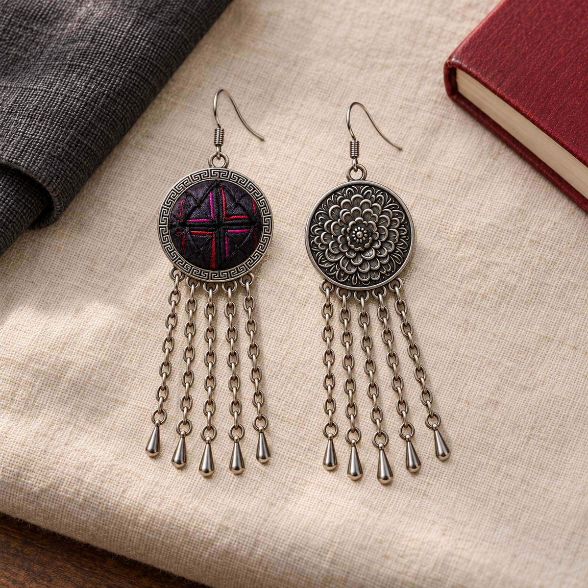 Crimson Confluence earrings on cream woven cloth beside dark fabric and a red book, showing one dark layered textile front and one floral metal reverse.