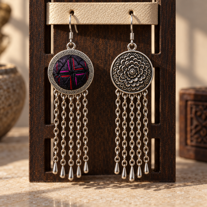 Crimson Confluence earrings hanging through holes in a pale textured strip on a rectangular wooden stand, showing the layered fabric front and floral reverse.