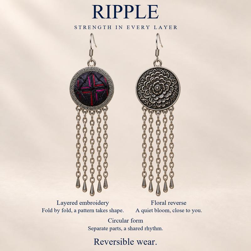 RIPPLE Strength in Every Layer design card showing Crimson Confluence's layered embroidery front, floral reverse and five long chains with teardrop ends.