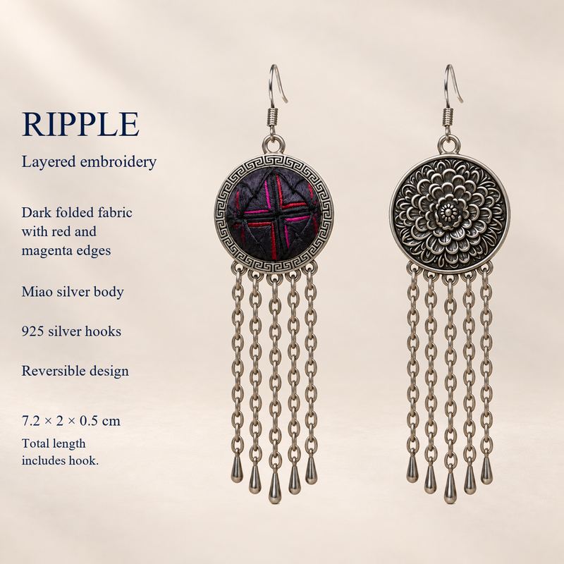 Crimson Confluence detail card showing layered embroidery, floral reverse, Miao silver body, 925 silver hooks and 7.2 by 2 by 0.5 cm dimensions including hook.