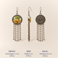 Golden Solace front, side and floral reverse views with dimensions: 7.2 cm total length including hook, 2 cm width and 0.5 cm thickness.
