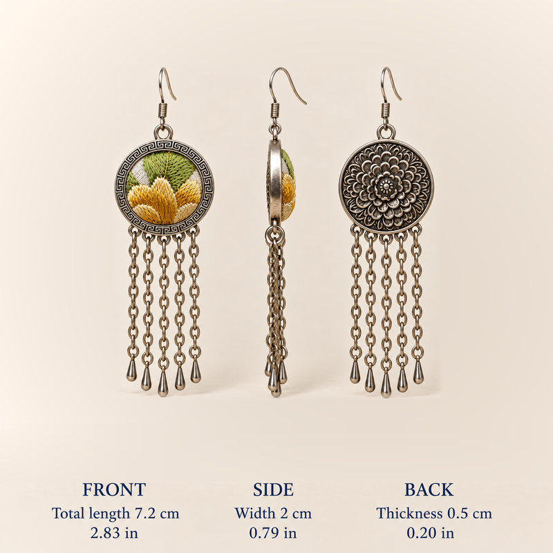 Golden Solace front, side and floral reverse views with dimensions: 7.2 cm total length including hook, 2 cm width and 0.5 cm thickness.